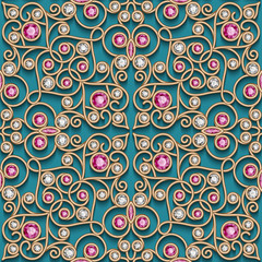 Vintage gold jewelry pattern with diamonds and ruby gems