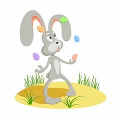 Easter bunny juggles on the lawn with several multi-colored Easter eggs on a white background