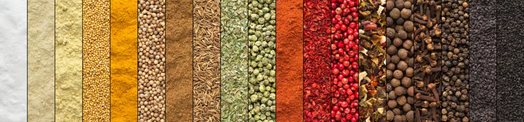 Foto op Plexiglas collage van specerijen en kruiden, set kleurrijke kruiden, achtergrond © dmitr1ch
