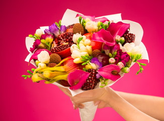 Flowers, fruit bouquet, pink callas, garnet, lychees, freesia, pitahaya