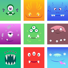 Cartoon monsters faces with emotions vector set