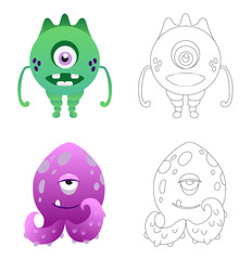 Childrens coloring page with funny cartoon monsters