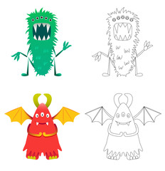 Childrens coloring page with funny cartoon monsters