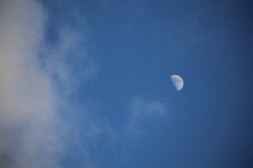 zunehmender Mond mit Wolken am Himmel, Tag  - obrazy, fototapety, plakaty