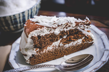 chocolate cake and white cream chocolate white in the coffee cafe shop