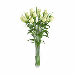 Bouquet of blossoming white roses in transparent glass vase isolated on white background. 3D Rendering, Illustration.