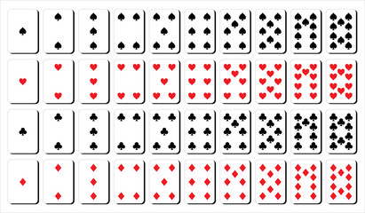 cards for play from one to ten. Spades, diamond, heart and clubs shape in red and black color.