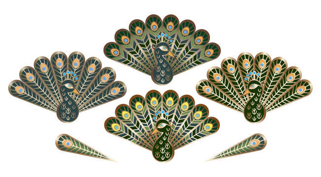 Peacocks, stylized bird with luxurious tail, isolated on white background, vector illustration