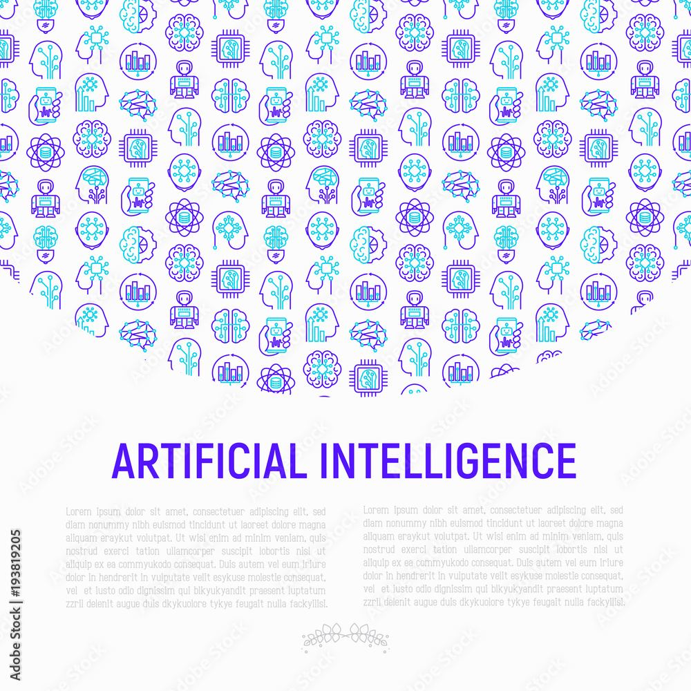 Poster artificial intelligence concept with thin line icons: robot, brain, machine learning, marketing anal