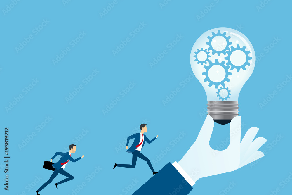Poster flat vector creative business thinking and business competition concept with two businessman run to 