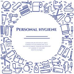Personal hygiene blue line banner. Set of elements of shower, soap, bathroom, toilet, toothbrush and other cleaning pictograms. Line out. Simple silhouette. Editable stroke. Vector illustration