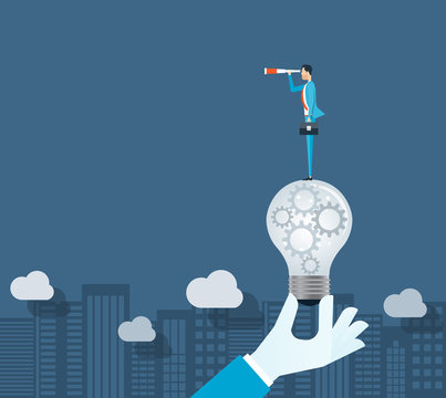 flat vector business vision concept and businessman standing on light bulbs