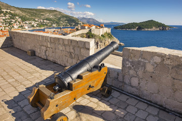 Lovrijenac fort. Old Town walls. Vintage cannon. Dubrovnik, Croatia 