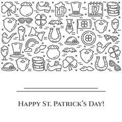 St. Patrick's Day theme black and white banner. Pictograms of shamrock, leprechaun hat, gold and other holiday related pictograms. Line out. Simple silhouette. Editable stroke. Vector illustration