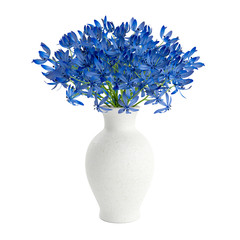 Decorative blue flowers planted white ceramic pot isolated on white background. 3D Rendering, Illustration.