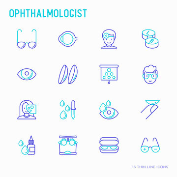 Ophthalmologist thin line icons set: glasses, eyeball, vision exam, lenses, eyedropper, spectacle case. Modern vector illustration.