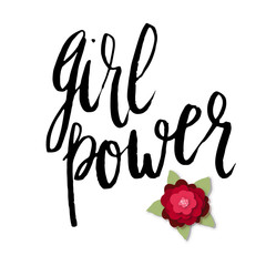 Girl power greeting card with handwritten lettering paper craft flowers.