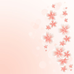 Light Pink Peach flowers border on Pink bokeh background. Apple-tree flowers. Cherry blossom. Vector