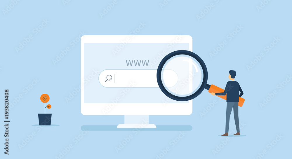 Poster flat business  technology internet online  research in web browsing concept with business man working on monitor concept