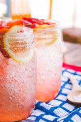 Strawberry juice and lemon soda juice mixed with soda. Add flavor Improve the health of the body can do at home. Juice on empty days Or party