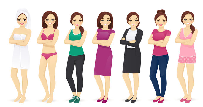 Woman day in different clothes vector illustration set