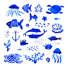 Sealife watercolor hand drawn stylized set