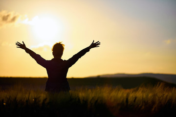 The girl has in the field raised hands to the sun