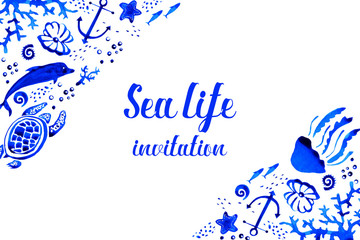 Sealife watercolor hand drawn stylized horizontal invitation with decorative corners