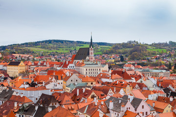 Fototapeta na wymiar Aerial view of old town of Cesky Krumlov, Czech republic. Bright spring time.
