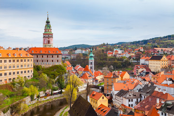 Aerial view of old town and the castle of Cesky Krumlov, Czech republic. Bright spring time.