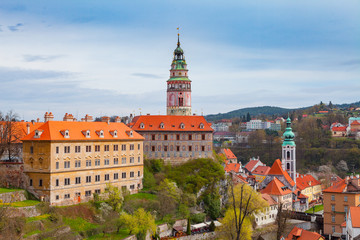 Obraz premium Aerial view of old town and the castle of Cesky Krumlov, Czech republic. Bright spring time.