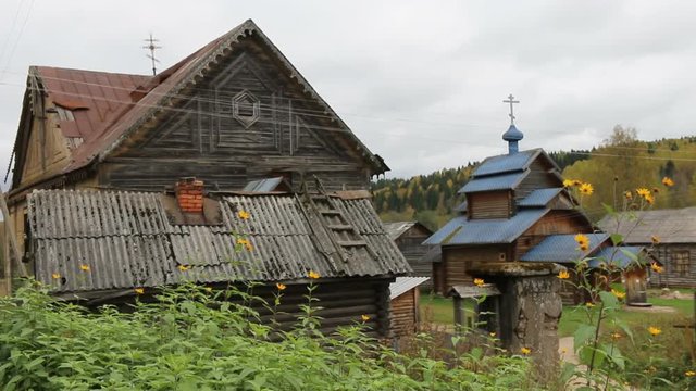 Russian orthodoxy church complex with wooden churche 19th century