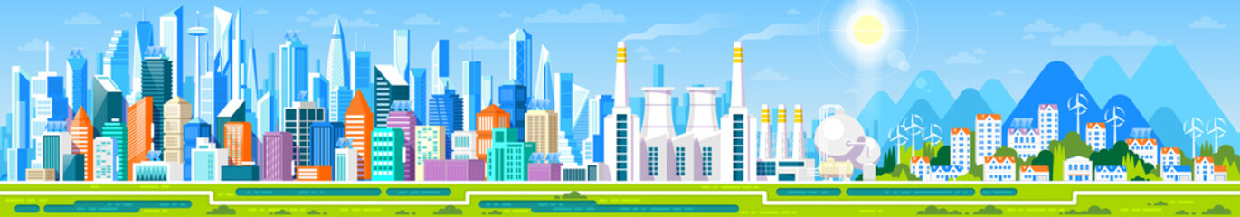 Obraz premium Cityscape panorama with different buildings, Office center, Stores and Headquarters, Private houses, Cottage with parks and mountains. Industrial factory