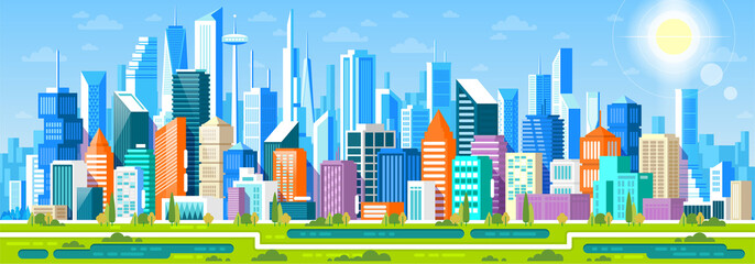 Cityscape panorama with different buildings, Office center, Stores and Headquarters