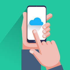 Cloud icon on smartphone screen. Hand holding smartphone, finger touching screen