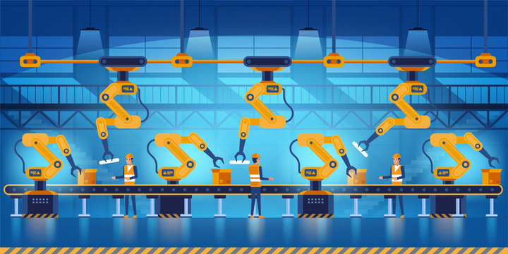 Efficient smart factory with workers, robots and assembly line, industry 4.0 and technology concept