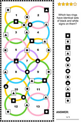 IQ training abstract visual puzzle (suitable both for kids and adults): Which two rings have identical sets of black and white signs on them? Answer included.
