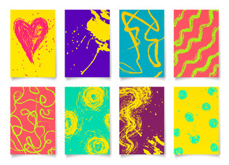 Set of ink hand drawing on bright colorful background.