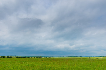 Fototapeta premium Dark rainy clouds hang on a green spring field in the countryside