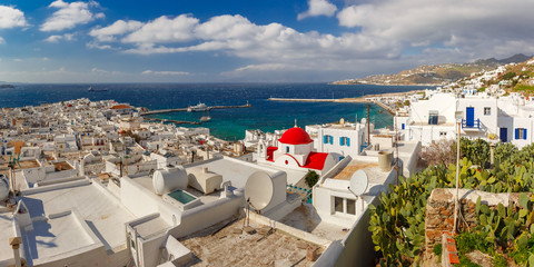 Fototapeta premium Panoramic aerial view of Old Port of Mykonos City, Chora, on the island Mykonos, The island of the winds, Greece