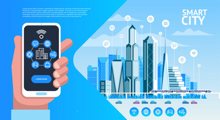 Smart city. Urban landscape with buildings, skyscrapers and transport traffic. Hand holding smart phone and cityscape 