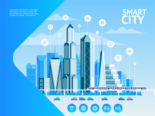 Fototapeta premium Smart city. Urban landscape with infographic elements. Modern city. Concept website template. Vector illustration.