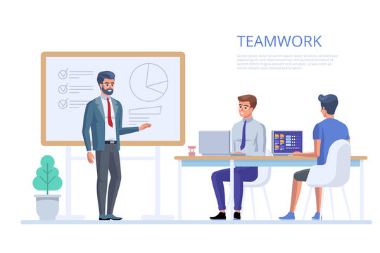 Team work in office. Creative team idea discussion people. Business characters in the working environment.