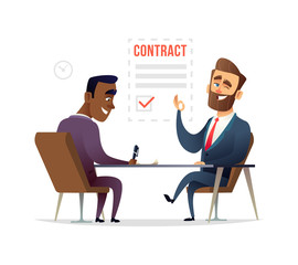 Businessman partnership beginning. Partners signing contract agreement closing deal. Business deal concept illustration.