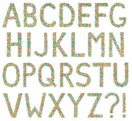 English alphabet letters and symbols made of little candies