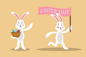 Obraz na płótnie Canvas Vector set of cartoon isolated easter bunny for decoration and covering on the bright background. Concept of Happy Easter and egg hunt.