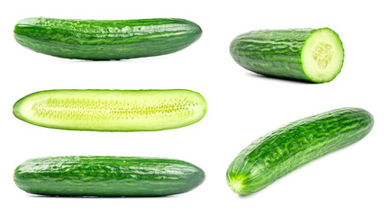 Collection of fresh green cucumbers isolated on white