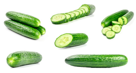 Collection of fresh green cucumbers isolated on white