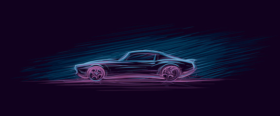 Neon illustration of muscle car. Vector. 