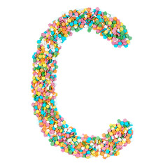 English alphabet letters, numerals and symbols made of little candies